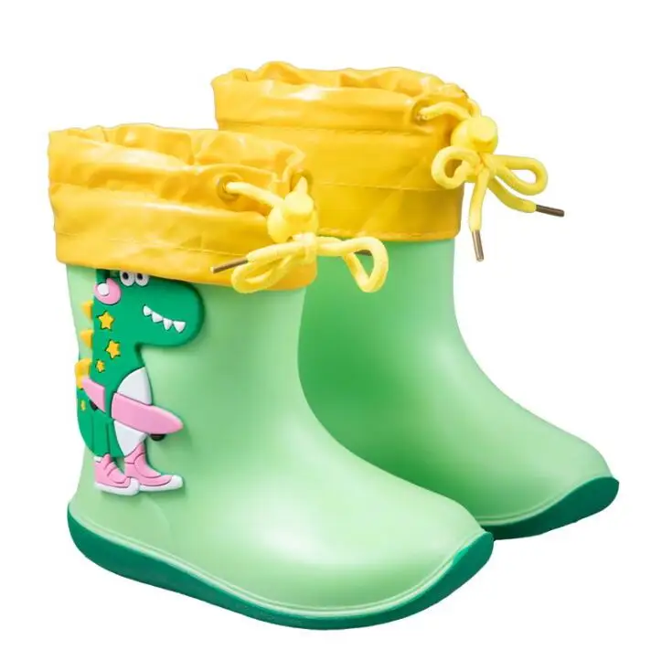 NEW Rain Boots Kids Winter Girl Cute 3D Dinosaur Children Boys Boots Plush Warm Ankle PVC Waterproof Baby Water Shoes Rainboots