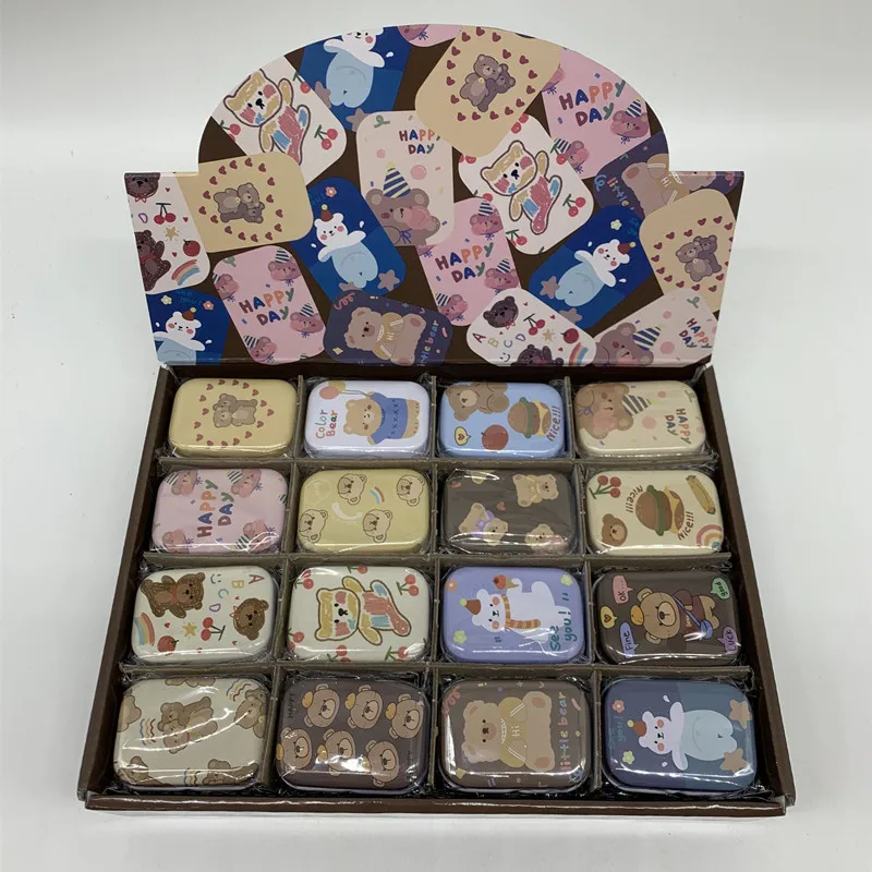 32Pc(1 Box)/Lot  New Cartoon Expression Cute Bear Min Iron Box With Cover / Metal Medicine Coin Storage Tinplate Gift Case