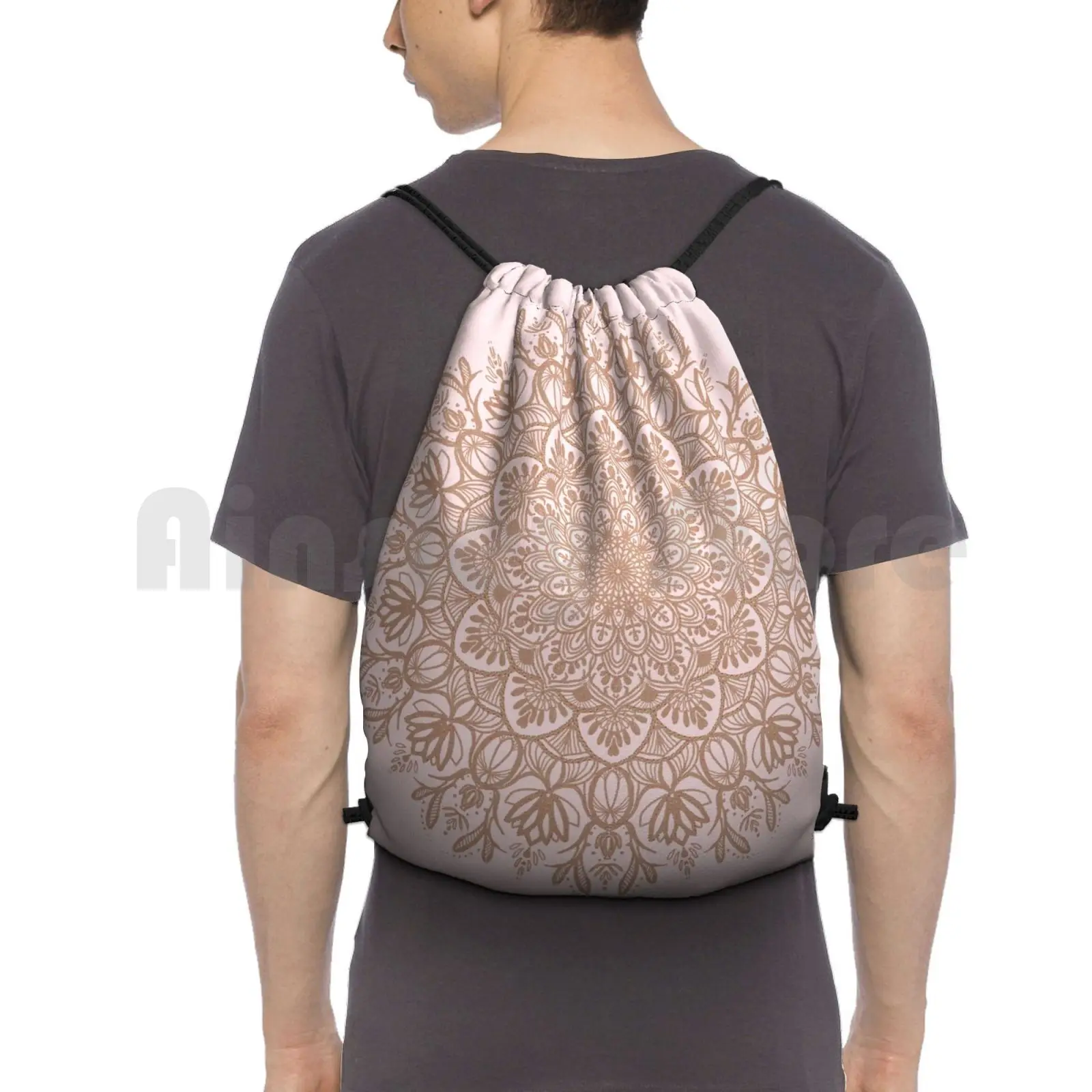 

Rose Gold Beige Mandala Backpack Drawstring Bags Gym Bag Waterproof Colorful Rainbow Multicolor Plant Plants Garden Earth