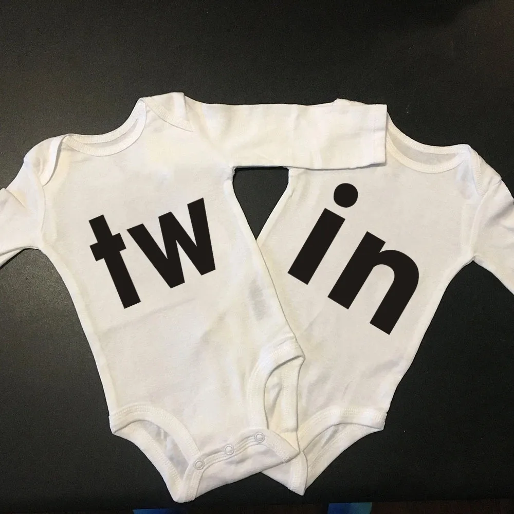 Newborn Baby Twins Boys Girls Clothes Cute White Tw/in Letter Printed Bodysuit Long Sleeve Jumpsuit Matching One Piece Outfits