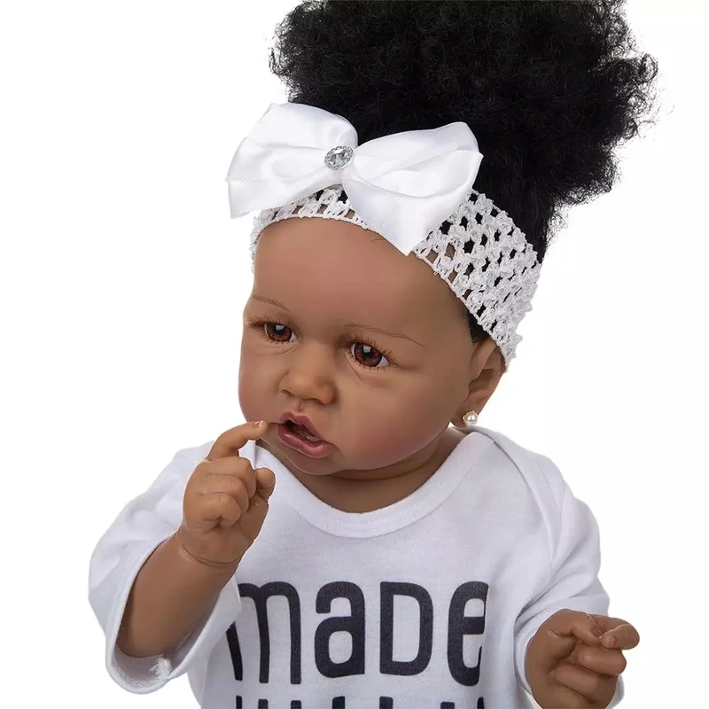 23 Inch Black Skin Full Silicone Reborn Dolls Explosion Fluffy Hair Pack Bebe Doll Toys Real Touch Bath Toys Playmate To Child