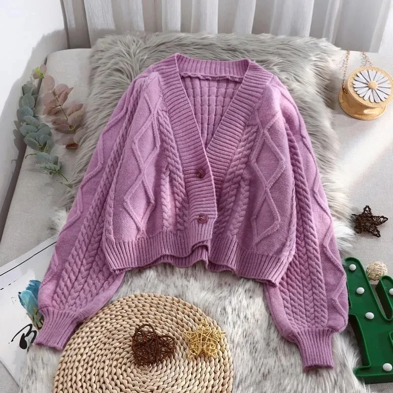 Korean Fashion Loose Casual Sweater Spring Autumn Lantern Sleeve V-Neck Short Jacket Sweet Solid Color Women Knit Cardigan