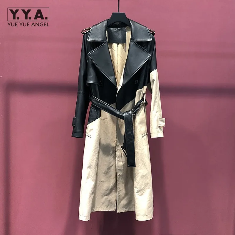 Office Lady Elegant Genuine Leather Trench Fashion Patchwork Slim Belt Double Breasted Sheepskin Coat Streetwear Women Overcoat