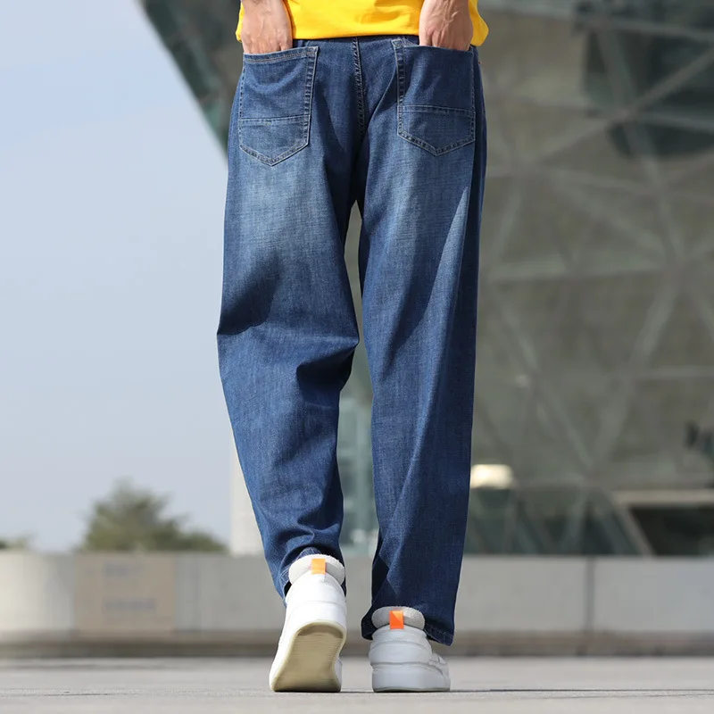 Summer Thin Section Breathable  Straight Large Size Mens Jeans Harem Hip Hop Denim Streetwear Wide Leg Pants Blue Loose Trousers
