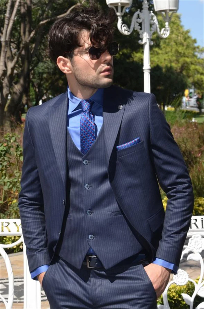 Navy Striped Mens Tuxedos Formal Groom Men Wear Wedding Blazer Trousers Suits Business Prom Party 3 Pieces