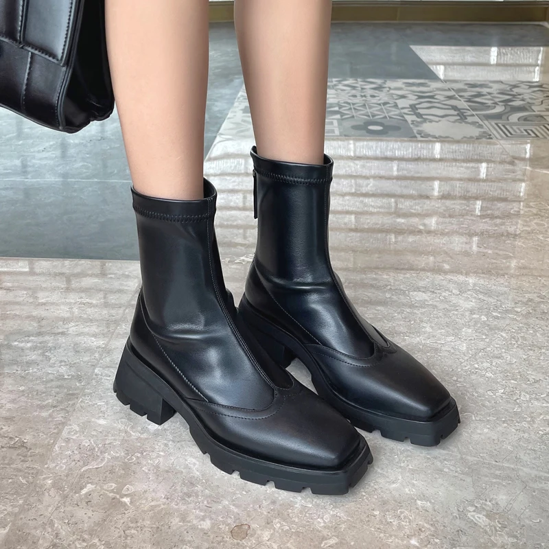 

Genuine Leather Square Toe Short Boots For Women Autumn Winter 2021 New Stretch Boots Thick Heels Chelsea Boots Botines Mujer