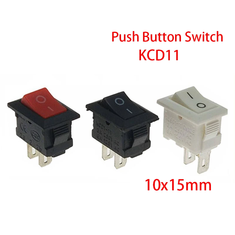 10Pcs Push Button Switch 10x15mm SPST 2Pin 3pin 3A 250V KCD11 Snap-in On Off Boat Rocker Switch 10MM*15MM Black Red White