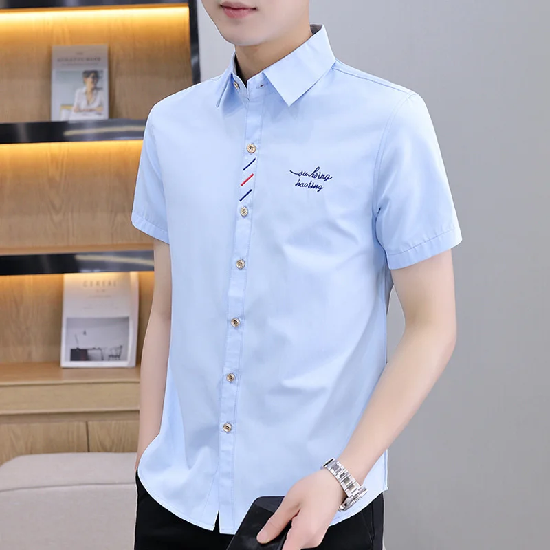 Summer Men's Shirt Casual Short Sleeve Embroidered Letter Slim Handsome All-match Small Fresh Korean Version Trend Breathable