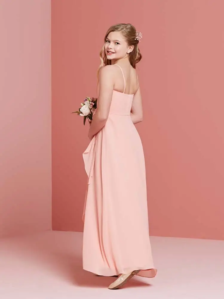 Coral Cheap Junior Bridesmaid Dresses Under 50 A-line Spaghetti Straps Cross Floor Length Chiffon Long Wedding Party Dresses