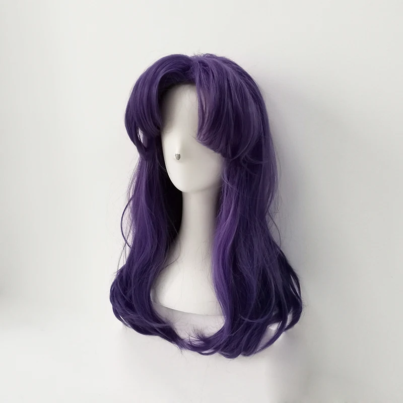 EVA Katsuragi Misato Wigs Styled Bang Middle Long Wavy Purple Heat Resistant Synthetic Hair Katsuragi Cosplay Wig + Wig Cap