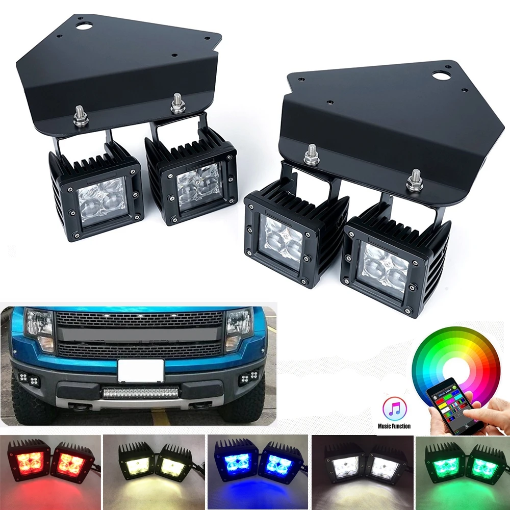 

For Ford F150 SVT Raptor Fog Lights Mounting Bracket With 5D 20W RGB Led Work Lights Bluetooth Control for Ford F150 2010- 2014