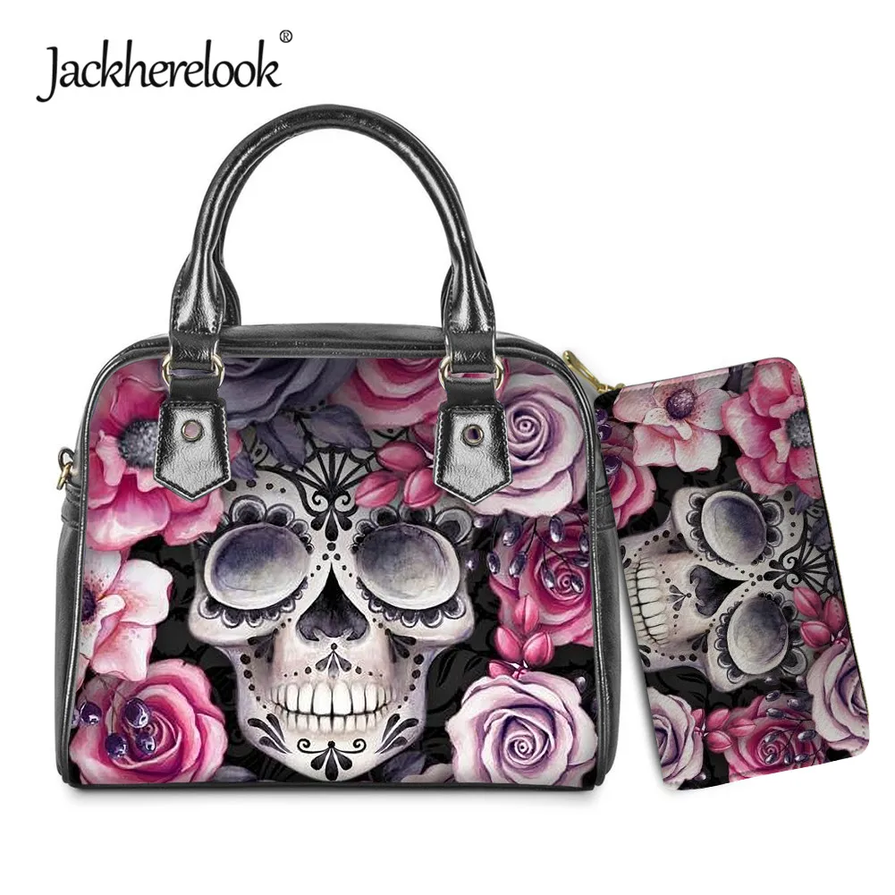 

Jackherelook Rose Skull Pattern Womens Luxury Handbag Wallet Set Female Crossbody Bag Coin Purse Messenger Bag bolsa feminina