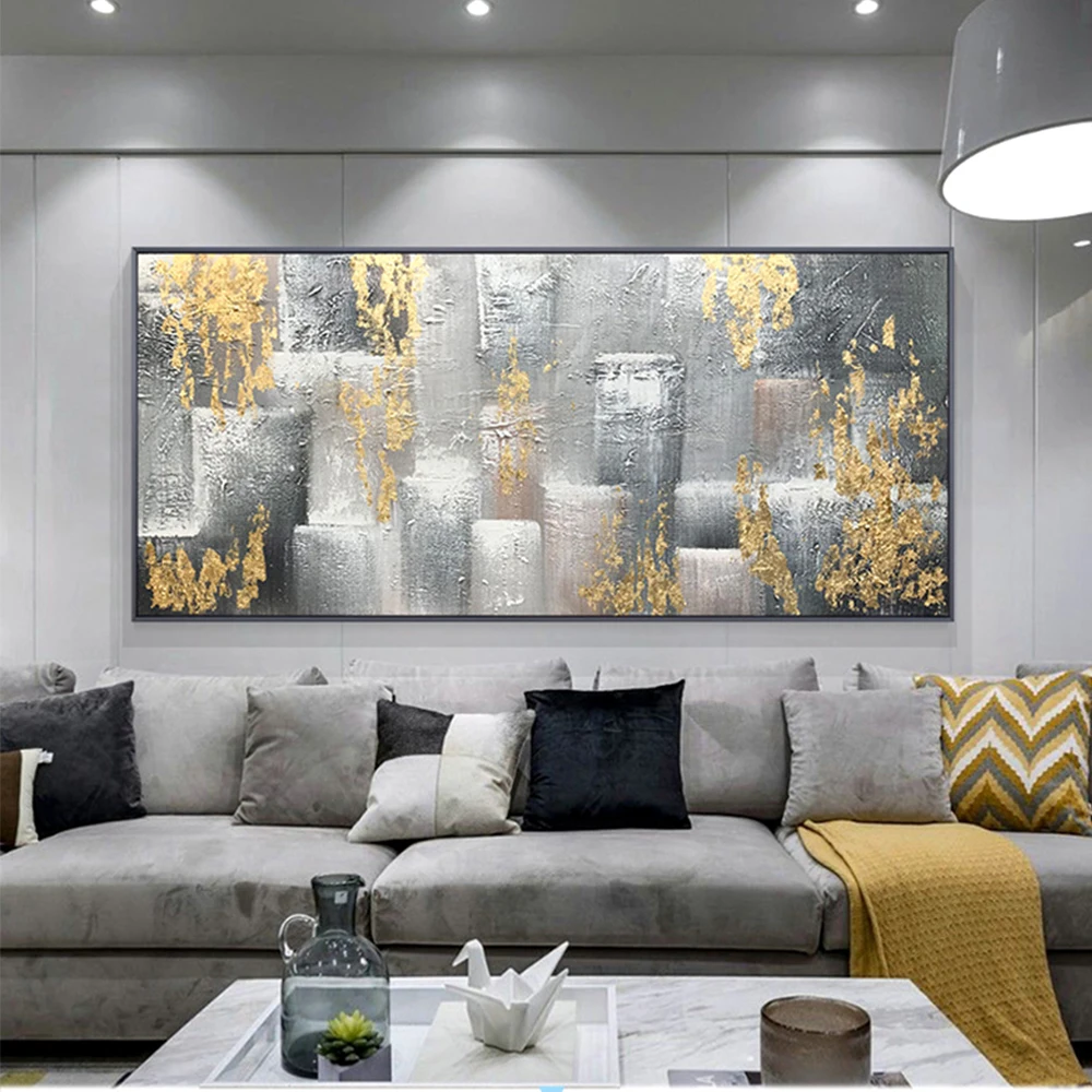 Modern Landscape Oil Painting on Canvas, 100% Hand-Painted, Gray,Gold Foil Painting, Abstract Art, Living Room, Office Decor