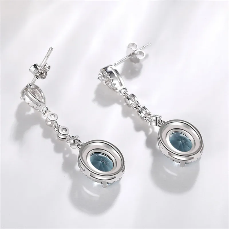 Drop Earrings For Women 925 Silver Needle Vintage Jewelry Oval Blue Cubic Zirconia Stone Long Eardrop Temperament Jewelry CCE648