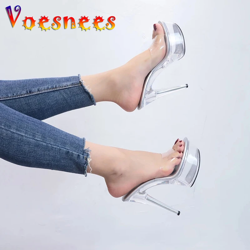 Women\'s Shoes Sandals 2020 Summer New Slippers Woman15cm High Heel Sandals Sexy Female Model Silver Stiletto Platform Pole Dance