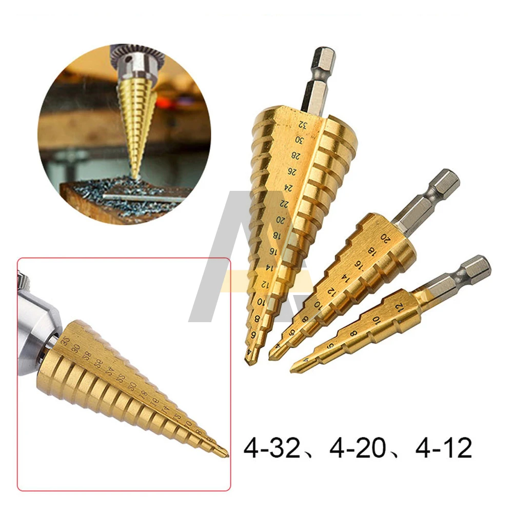 Steel Titanium Step Drill Bit Set 4-12/20/32mm Metal Hole Cutter Wood Cone Core Drilling Hole Saw Tool Slotted Hexagonal Shank