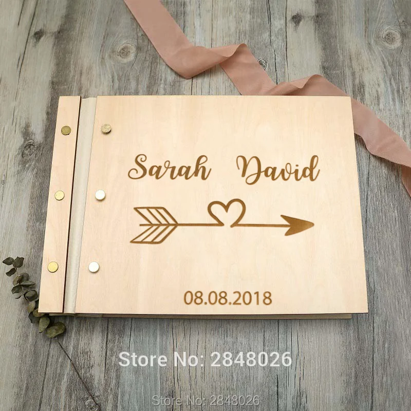 

Love arrow Rustic engraved wedding guestbook,Custom wooden Wedding guest book, personalized Script sign in album