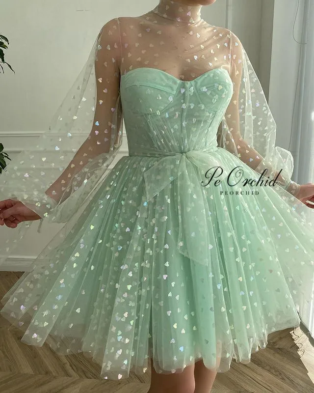 PEORCHID 2022 Tulle Puffy Sleeves Prom Dresses Short A-Line Robe De Soiree Chic Tea-Length Printed Heart Formal Party Gowns