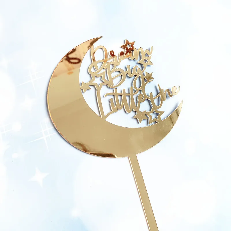 New Little Star Dream Acrylic Cake Topper Gold Moon Birthday Cupcake Toppers Flags for Baby Birthday Party Cake Decorations