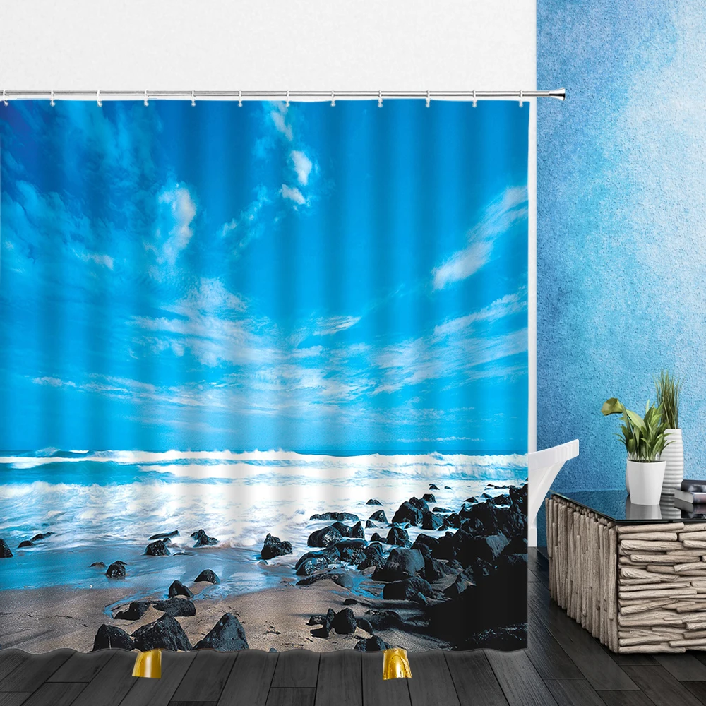 Hawaii Scenery Shower Curtains Summer Beach Island Seawater Waves 3D Bathroom Home Decor Waterproof Polyester Cloth Curtain