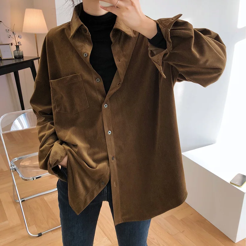 2021 Spring Woman Shirts Casual Loose Corduroy Shirts Women Blouse Mujer Blusa Femme Pocket Single-breasted Shirts Streetwear