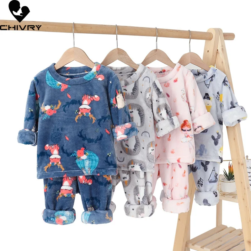 New Autumn Winter Kids Boys Girls Warm Flannel Pajamas Sets Cartoon Long Sleeve Tops with Pants Home Wear Sleeping Clothing Set