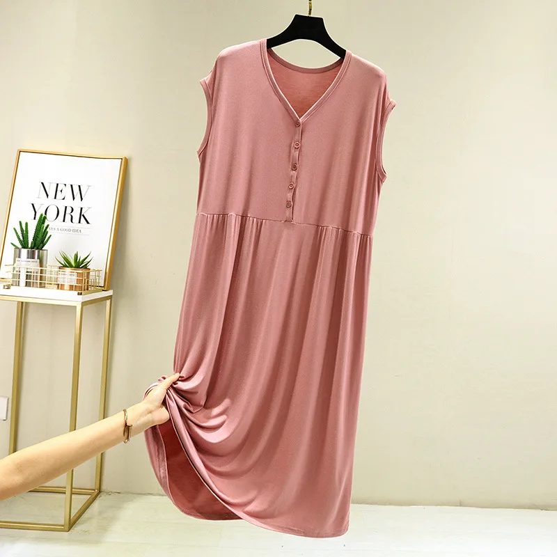 Buttons Large Size Loose Nightgowns For Women Sexy V Neck Sleeveless Long Dress Summer Nightdress Female Lounge Night Shirt