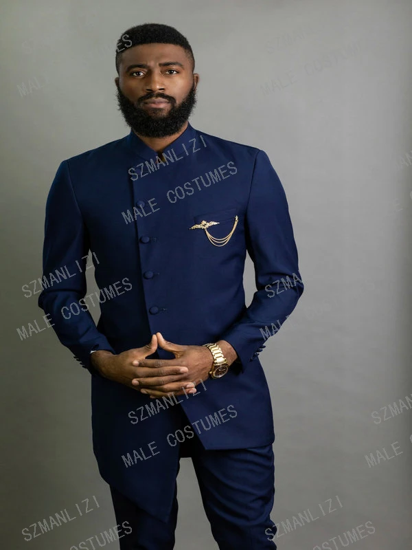 2021 Fashion African Design Slim Fit Men Suits For Wedding Groom Tuxedos Navy Blue Bridegroom Suits  Best Man Prom Blazer