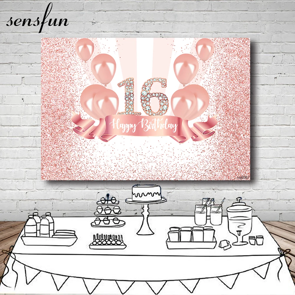 Sensfun Rose Gold Glitter Sweet 16 Party Backdrops For Photo Studio Balloons Ribbons Girls Birthday Photography Backgrounds