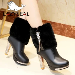 LazySeal Rhinestone Platform Ankle Boots For Women Shoes Round Toe Slip-on Plush Winter Shoes Crystal High Thin Heels Snow Boots