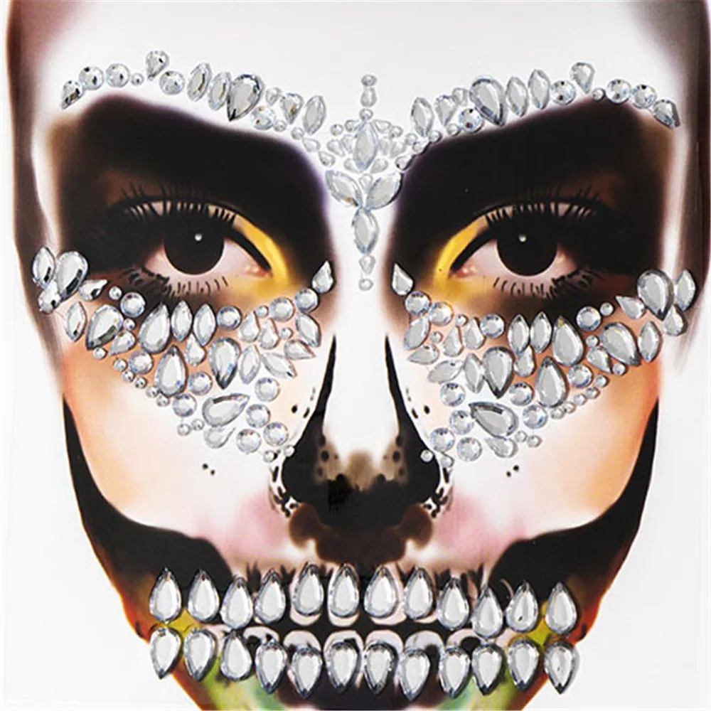 1 Pcs Halloween Body Art Makeup Party Festival Skull Bone Face Jewel Makeup Sticker For Carnival Night Clubbing Holiday Gift