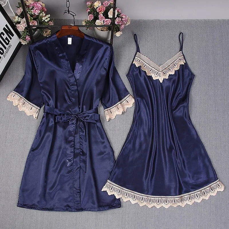 Fashion Women Burgundy Faux Silk Robe Hot Summer Sexy Lace Nightgowns Women Sleepwear Dress Woman Pajamas Set Bathrobe