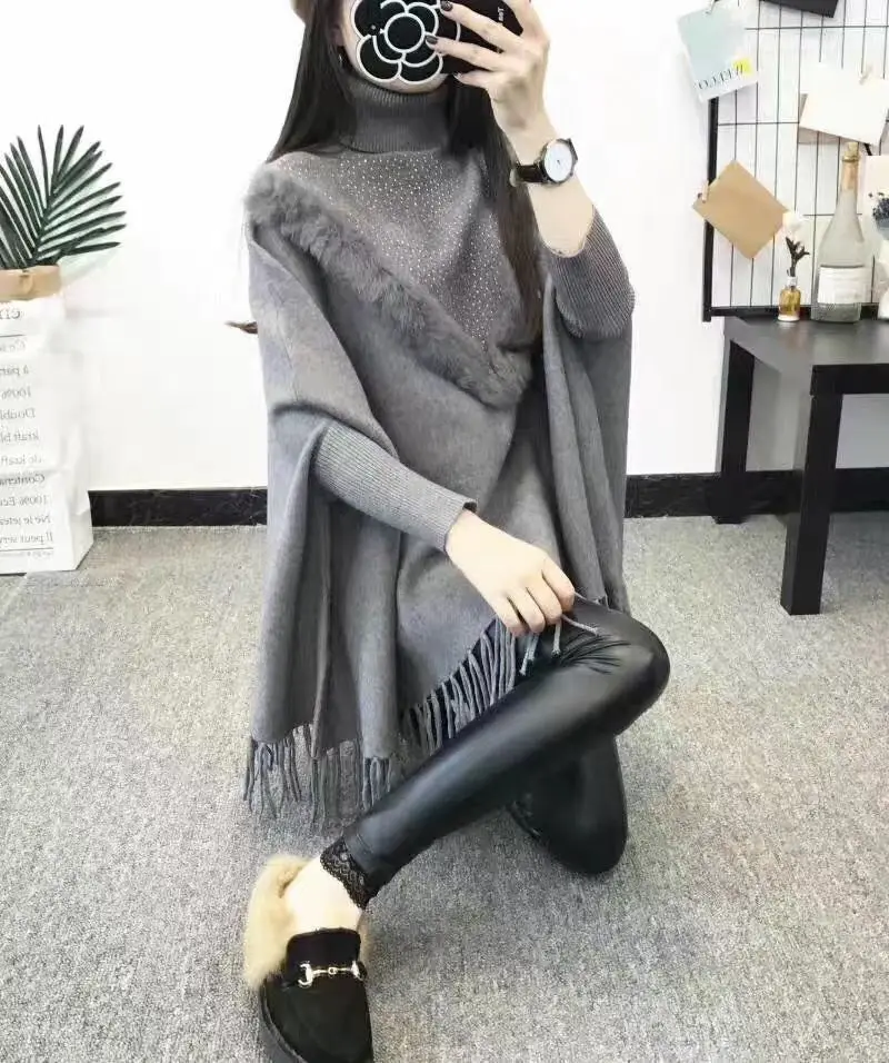 Winter Women Knitted Sweater V Style Fur Diamond Neck Poncho Streetwear Tassel Cape Loose Batwing Sleeves Pullovers Knitwear