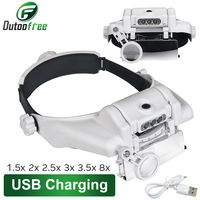 USB Rechargeable Glasses Loupe Watchmaker Repair Tool Glasses Magnifier LED Headband Magnifying Glass 1.5x 2x 2.5x 3x 3.5x 8