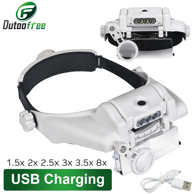 Okulary z możliwością ładowania USB lupa narzędzie do naprawy zegarmistrza okulary lupa opaska LED szkło powiększające 1,5x2x2,5x3x3,5x8