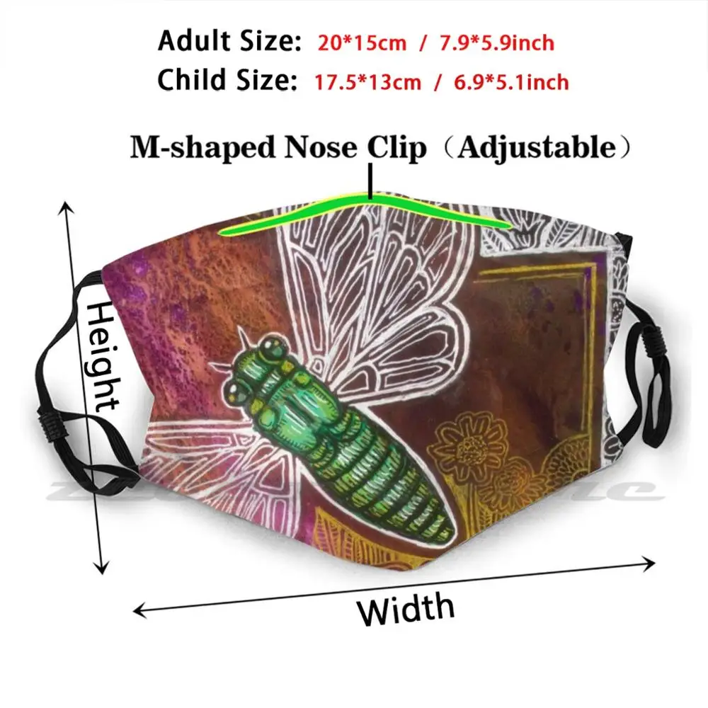 Maschera cicala verde filtro lavabile fai da te Pm2.5 bocca trend cicala Bug Insect Lynnette Shelley Animal Wildlife Nature Wildflower