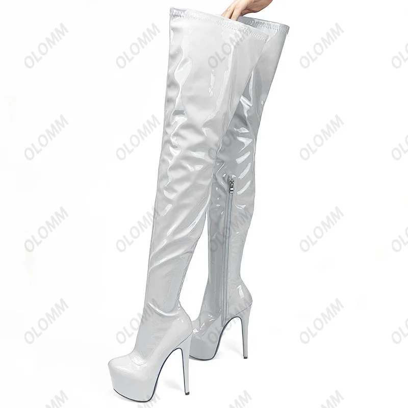 Olomm Handmade Women Spring Thigh Boots Patent Leather Side Zipper Thin High Heels Round Toe White Party Shoes Plus US Size 5-20