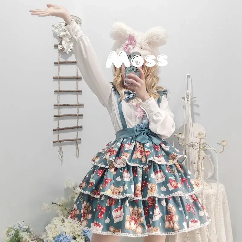 Jupe Lolita japonaise pour étudiantes, tenue Kawaii Vintage, Falbala mignon imprimé, sangle à nœud papillon, Lolita Cosplay Cos Loli