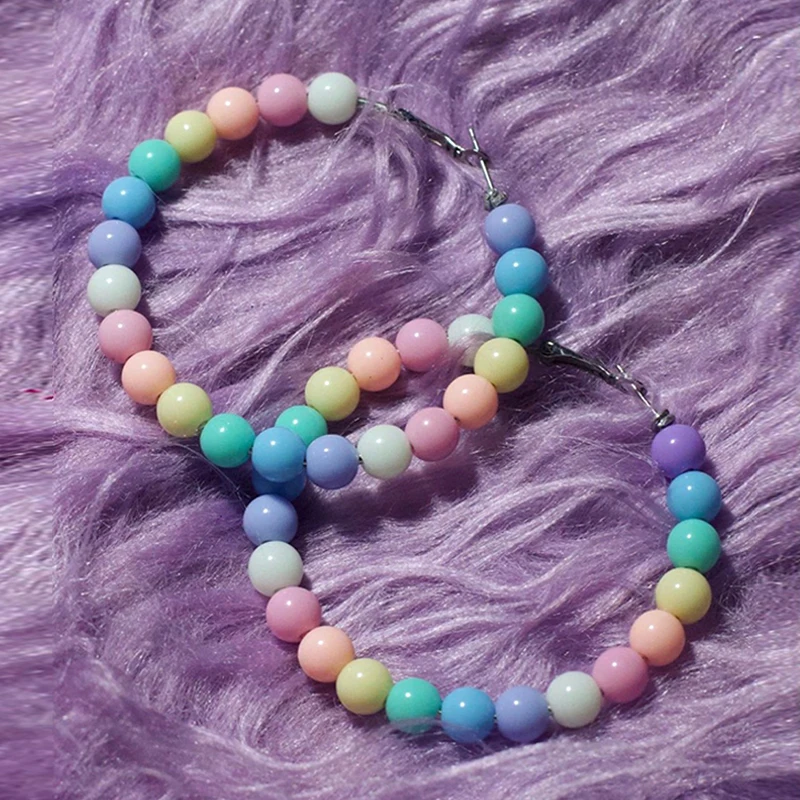 Y2K Accessories Rainbow Bead Hoop Earrings for Women Punk Kawaii Harajuku Aesthetic Earrings Egirl Jewelry 2000s Fashion