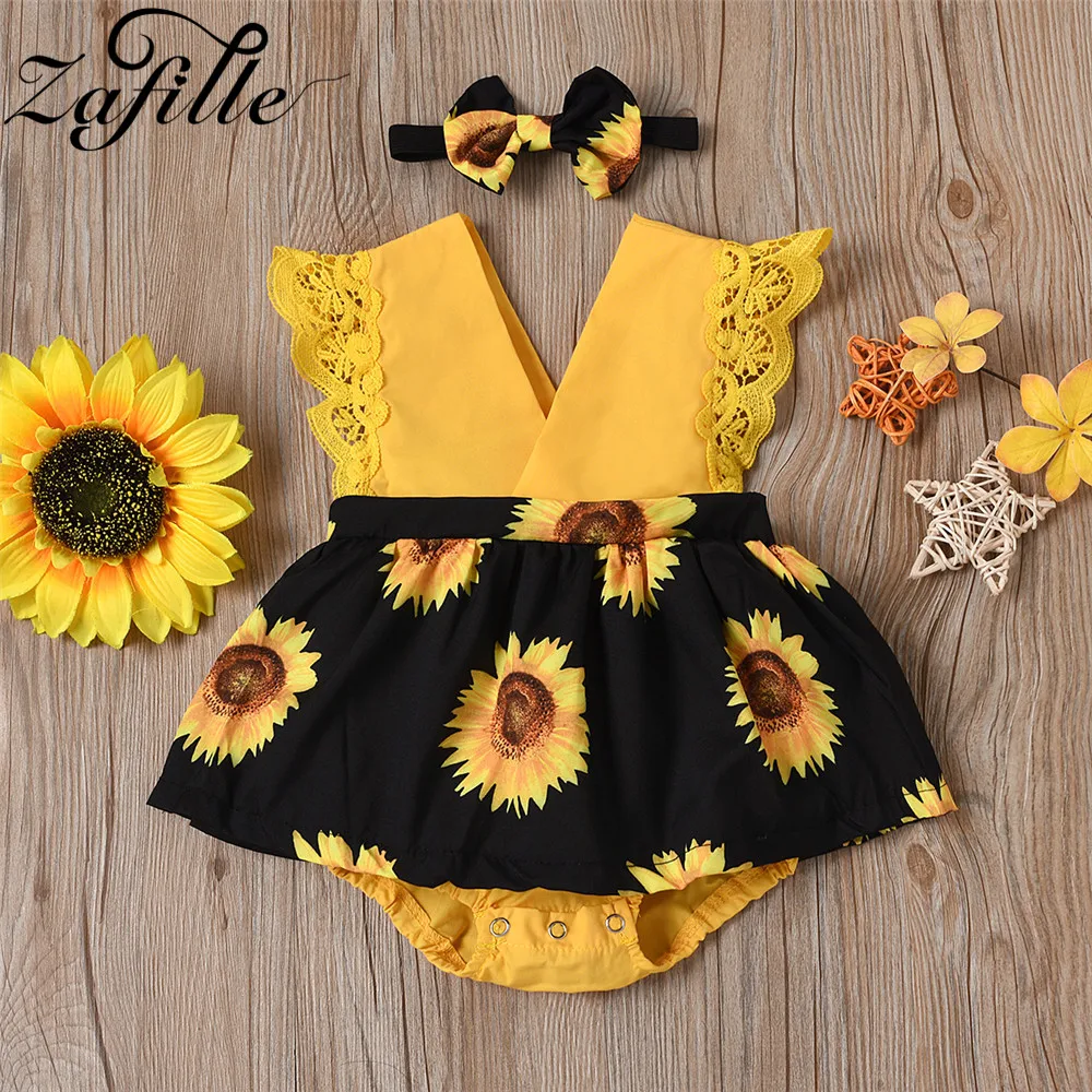 

ZAFILLE Sunflower Print Romper Baby Headband 2Pcs V-neck Ruffle Lace Bodysuit For Newborn Onesie Infant Girl Clothes Summer