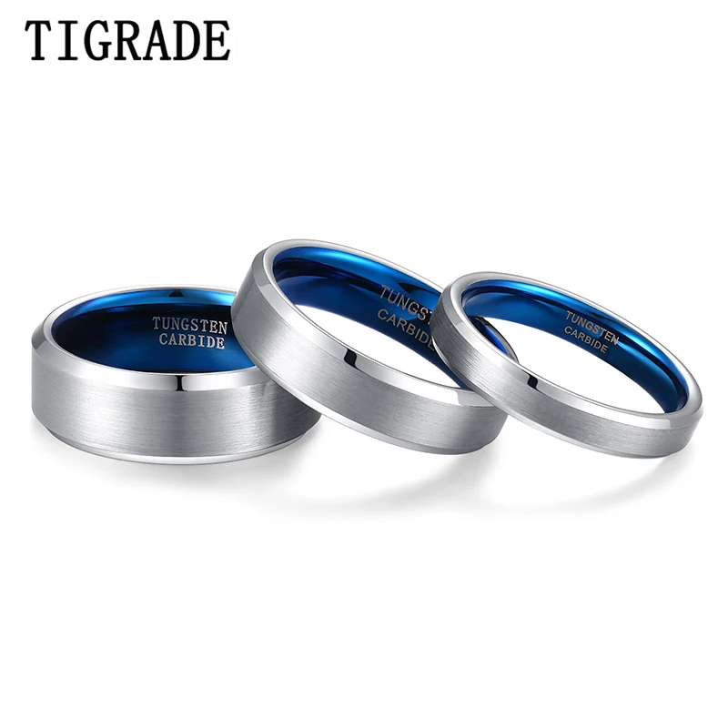 Tigrade 4/6/8mm Classic Wedding Band Engagement Rings Silver Color Blue Engraving Tungsten Carbide Rings For Women Men Size4-14