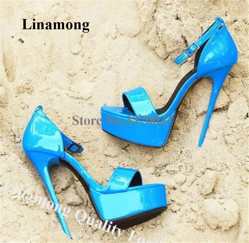 

Linamong Босоножки на высокой платформе из лакированной кожи на шпильке Синие, красные, желтые босоножки на высоком каблуке с ремешком на щиколотке
