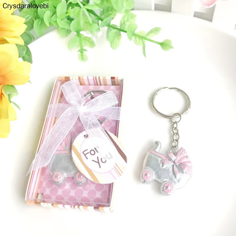 30PCS/LOT New Baby Shower Favors Pink/Blue Baby Carriage Design Key Chains Birth Christening Gift Keychain Favor