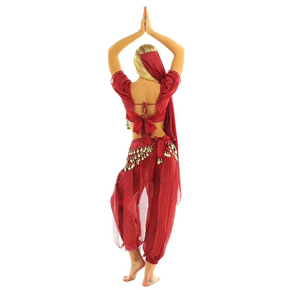 CHICTRY Costume Danse Du Ventre Femme - Ensemble Paillettes Jupe Tulle Haut Crop Top Orientale