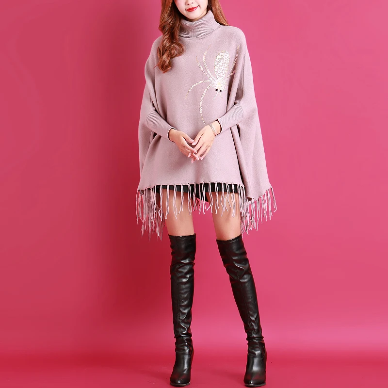 

2021 Fast Delivery Knitted Spider Poncho Cape Loose Coat Sequined High Collar Plus Size Sweaters Pattern Pullover Pashmina Shawl