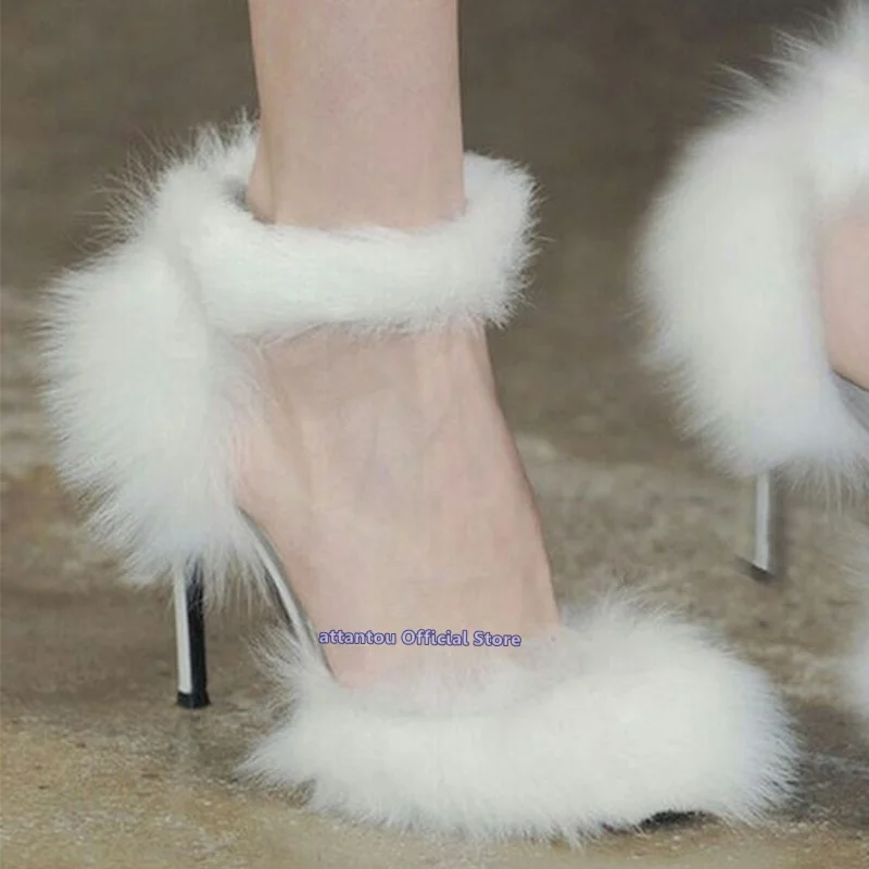 

Spring Summer Designer White Soft Real Fur Ankle Wrapped Pointed Toe Thin High Heel Sandals Women Summer Dress Shoes