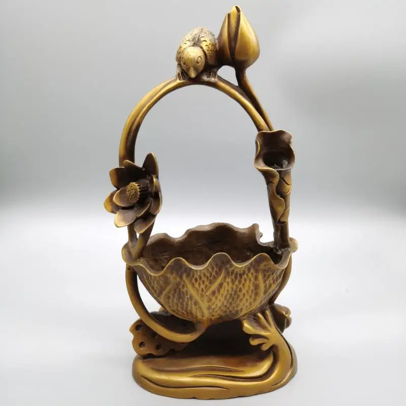 Rare Chinese folk Brass Copper carving the lotus root Birds hand basket Incense burner incensory Ornaments container 2383.2 g