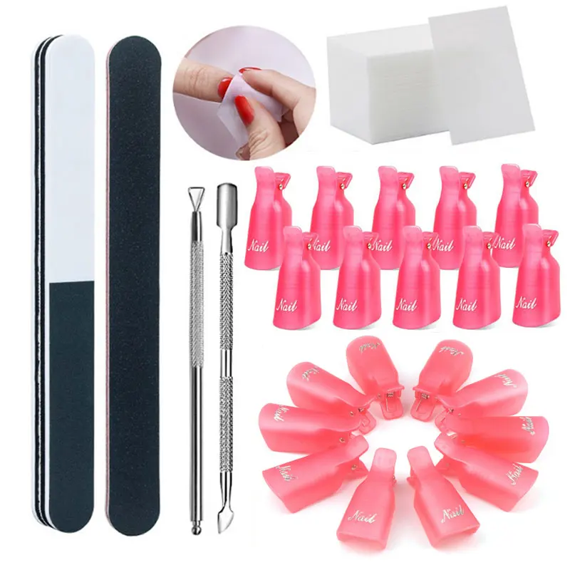 1 Set Nail Polish Remover Tool Soak Off UV Gel Cap Clip Wrap Tools Cuticle Pusher Cotton Nail Clean Pedicure Nail Care Tool