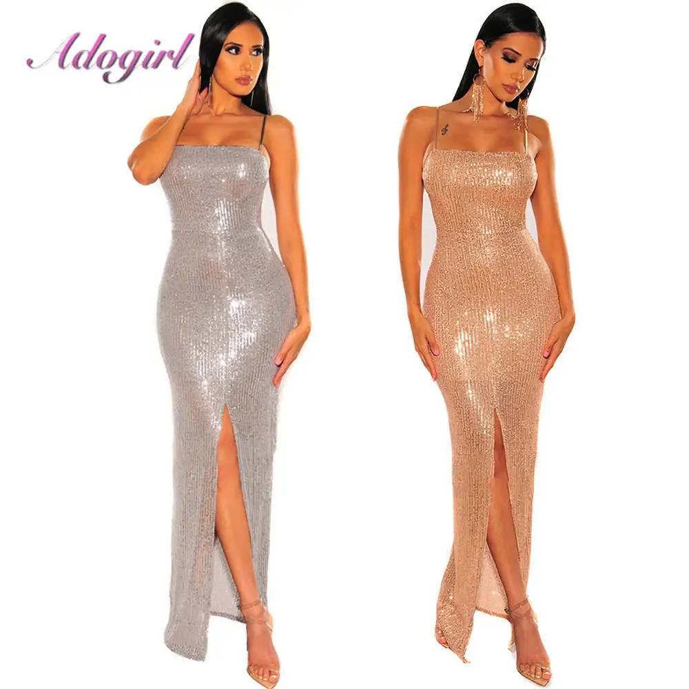 Sexy Sequines Spaghetti Strap Backless Evening Party Long Dress Women Elegant Bandage High Split Bodycon Maxi Dresses Vestidos