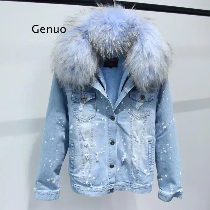 

Fashion Women Warm Thick Denim Jacket Real Raccoon Fur Collar Autumn Winter Jacket Coat with Fox Fur Lining Cowboy Hip Pop Coats